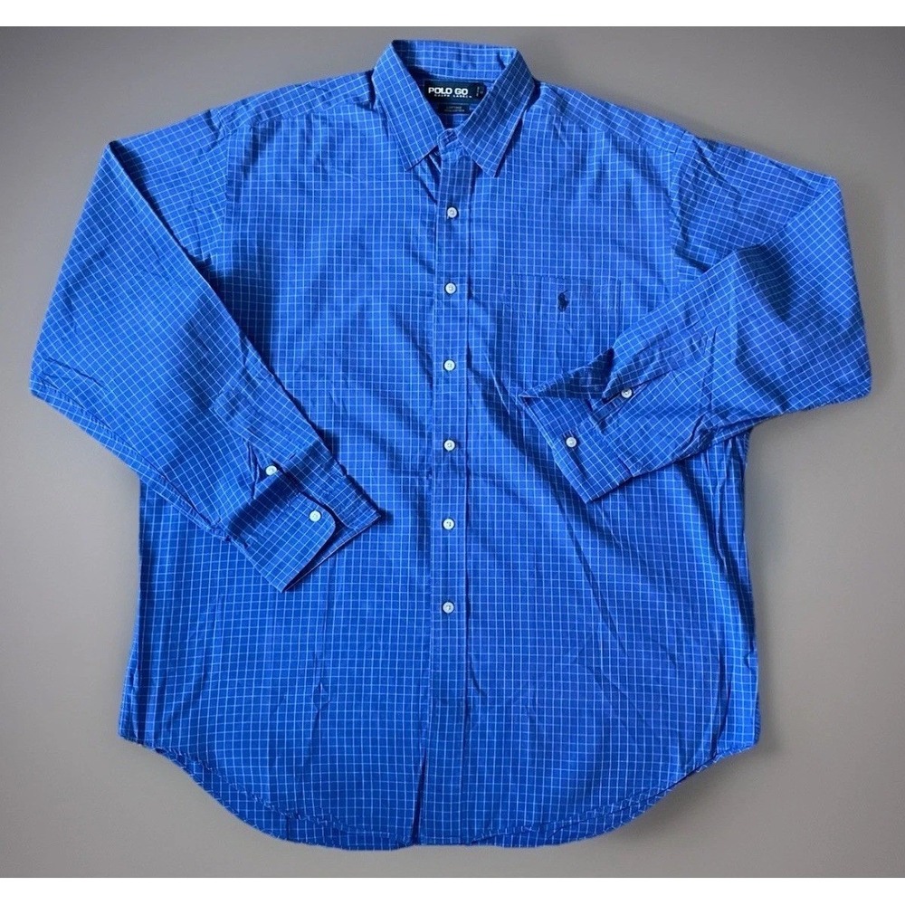 Polo Golf Ralph Lauren Long Sleeve Button Down Blue Check Pony Logo Large JBHS